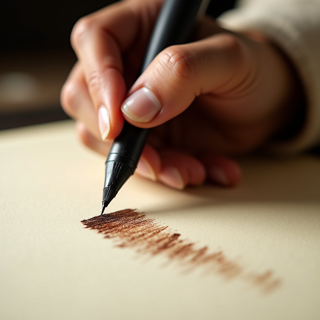 Close-up of brush calligraphy strokes on textured paper