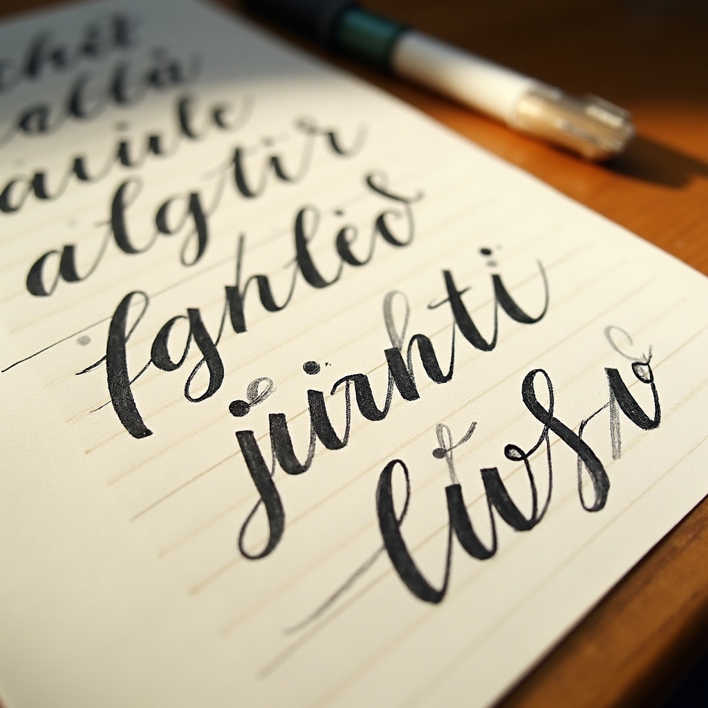 Alphabet practice sheet with brush calligraphy letterforms showing progression from basic to refined strokes