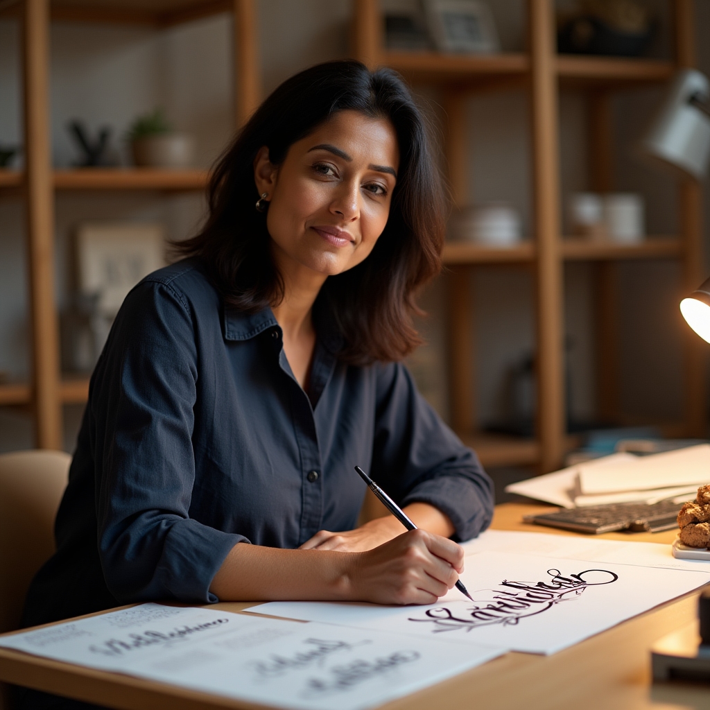 Adult woman practicing hand lettering at a well-lit studio desk with reference guides