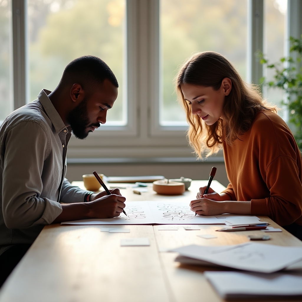 Two adults working on calligraphy practice at a shared studio table with natural light