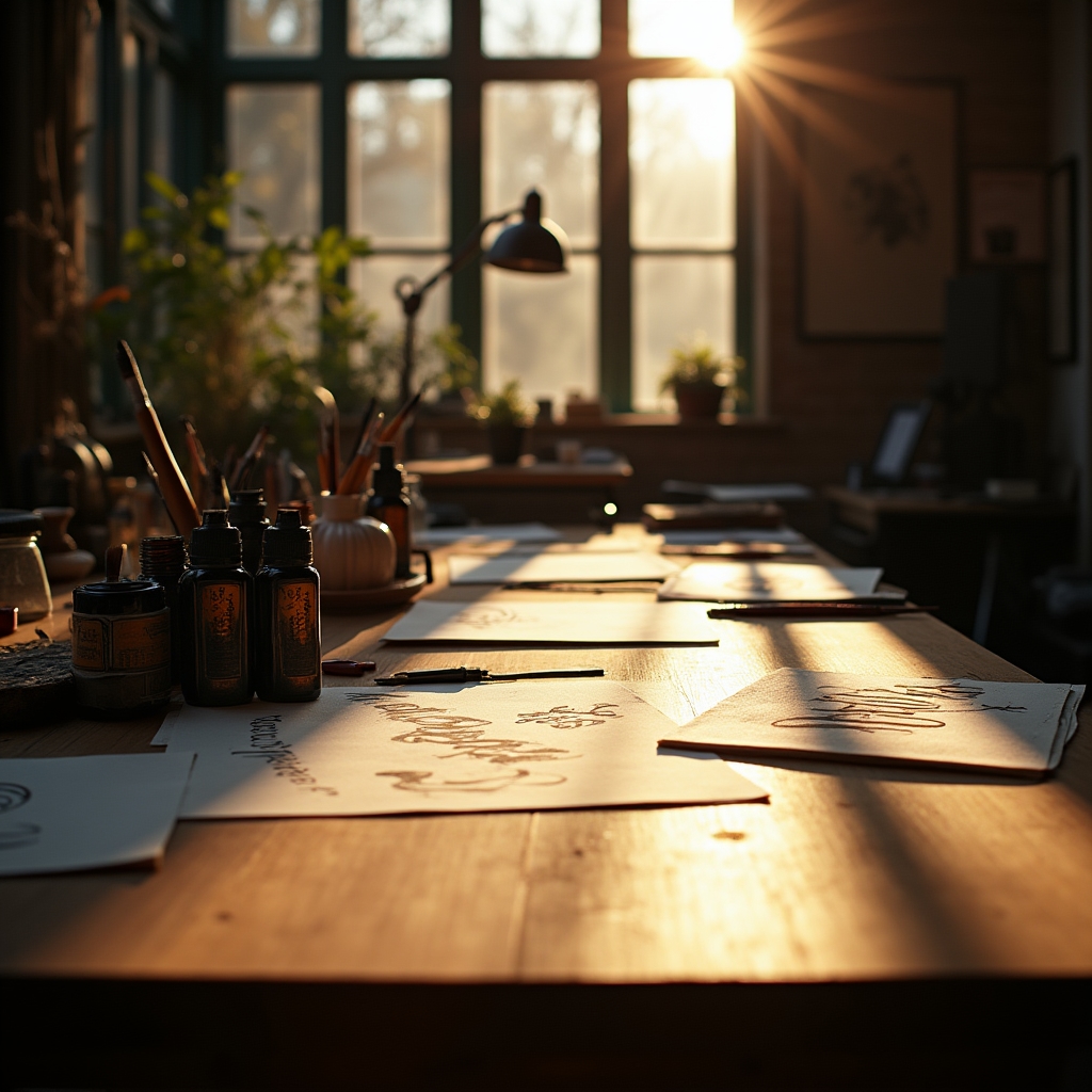 Hand lettering workspace with brushes and ink