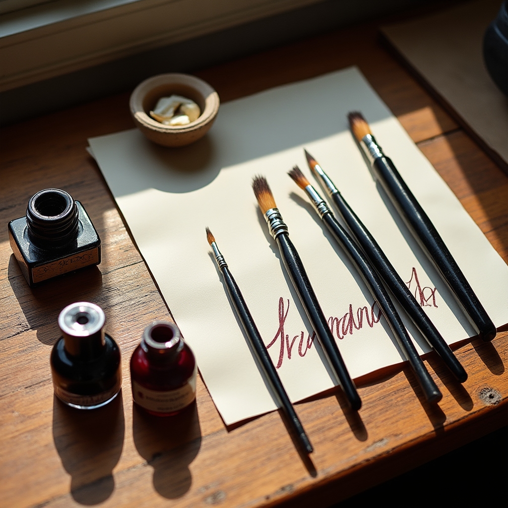 Brush pens, ink bottles and practice paper arranged on a wooden desk
