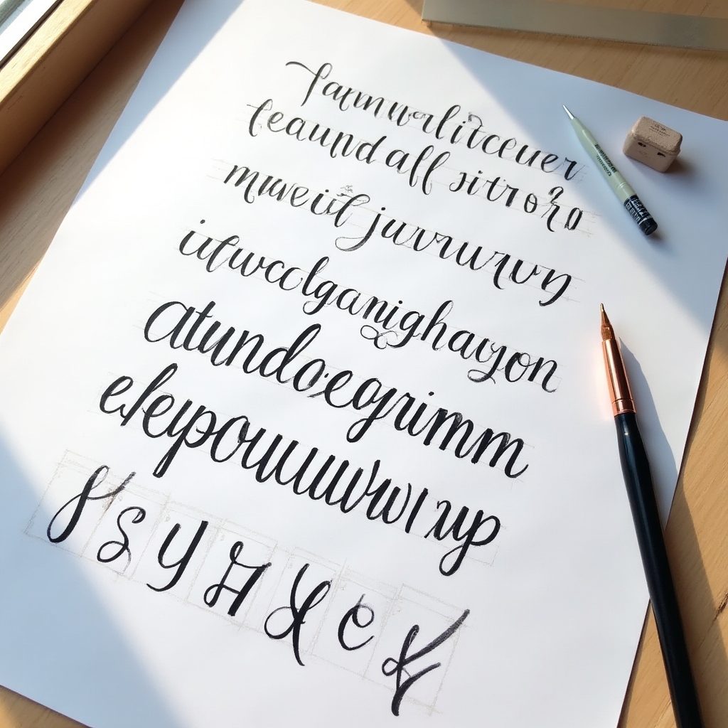 Hand lettering practice worksheet with stroke guides and alphabet exercises